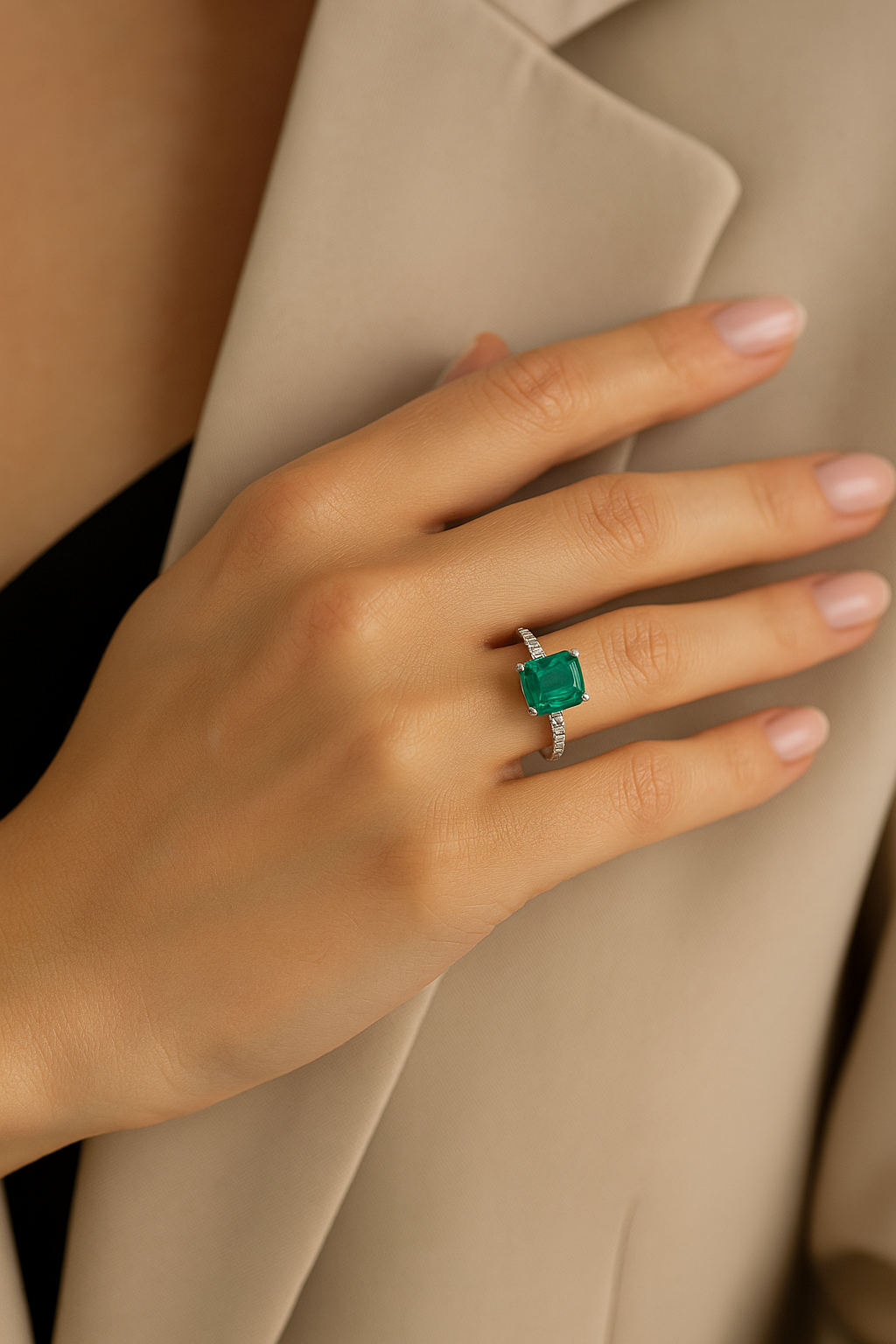 Žiedas su smaragdu ir deimantais ant bevardžio piršto