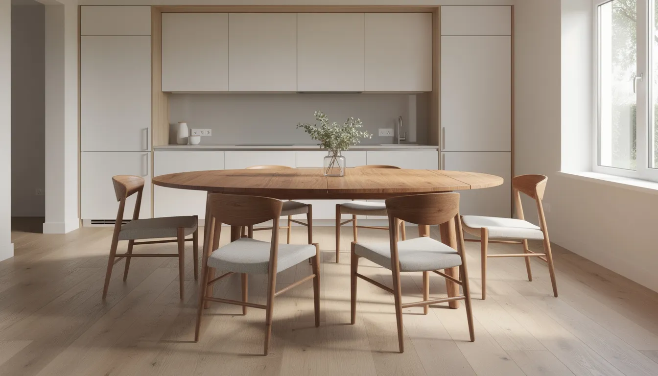 The image features a round wooden extendable dining table, elegantly extended to an oval shape, surrounded by six chairs in a spacious kitchen-dining area. This versatile furniture piece offers ample seating for large gatherings while maintaining a sleek and inviting atmosphere.