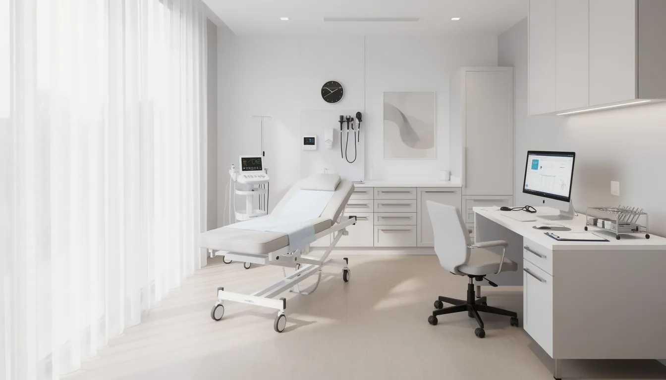 The image depicts a modern private hospital consultation room filled with natural light, featuring advanced medical equipment and a comfortable setting for patients. This space reflects a commitment to outstanding patient care and fast access to a range of healthcare services.
