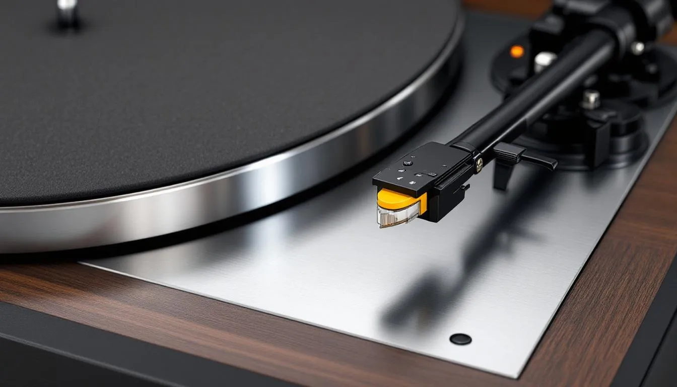 The image features a professional turntable deck showcasing a detailed view of its platter, tonearm, and cartridge components, designed for high sound quality and precision in playing vinyl records. This high-end turntable is ideal for DJs and audiophiles alike, highlighting the intricate build quality and essential features for optimal performance.