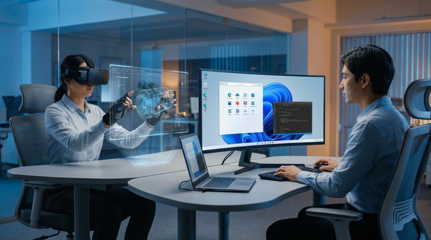 rofessional educational technology scene showing realistic hands-on software practice with virtual environments contrasted with flexible browser-accessed cloud desktops.
