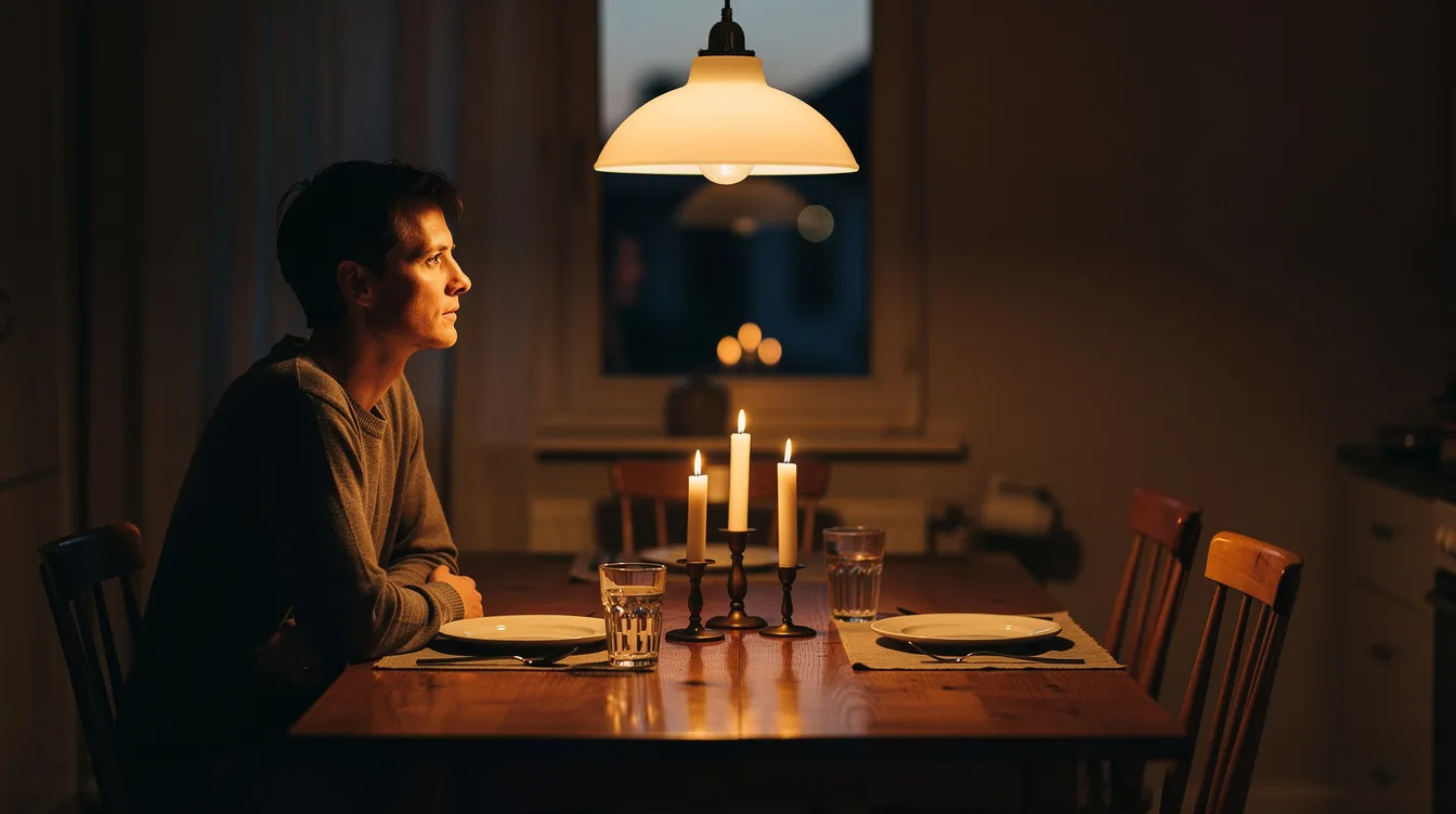 En person sitter vid ett matbord under en varm taklampa som hänger lågt och ger ett mjukt ljus. Stämningen är mysig med levande ljus på bordet, vilket skapar en inbjudande atmosfär för kvällen.