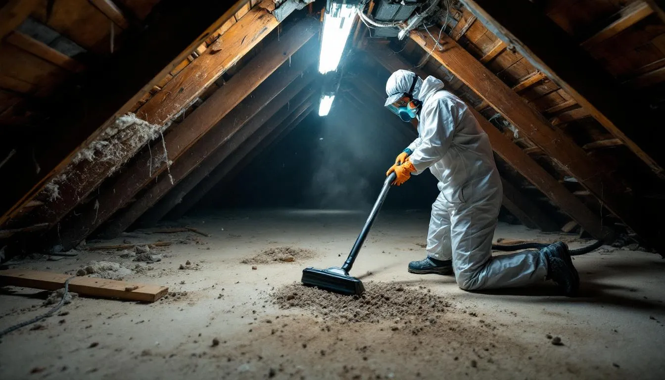 A professional technician in protective gear is seen cleaning a contaminated attic space, removing rodent droppings and nesting materials while using a disinfectant solution. The technician is focused on ensuring the area is safe from health risks associated with rodent waste and preventing future infestations.