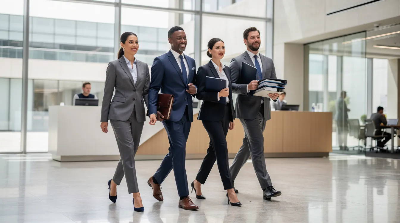 A confident legal team, consisting of diverse professionals, is walking through a modern office building lobby, exuding professionalism and determination. This image reflects the essence of seeking justice in medical malpractice cases, highlighting the importance of experienced medical malpractice attorneys in navigating complex legal matters.