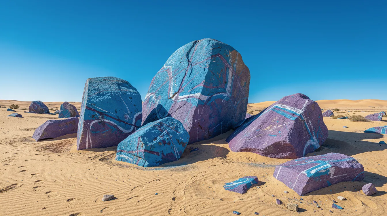 De grands blocs de granit peints en bleu et violet dans le paysage désertique près de Tafraoute.
