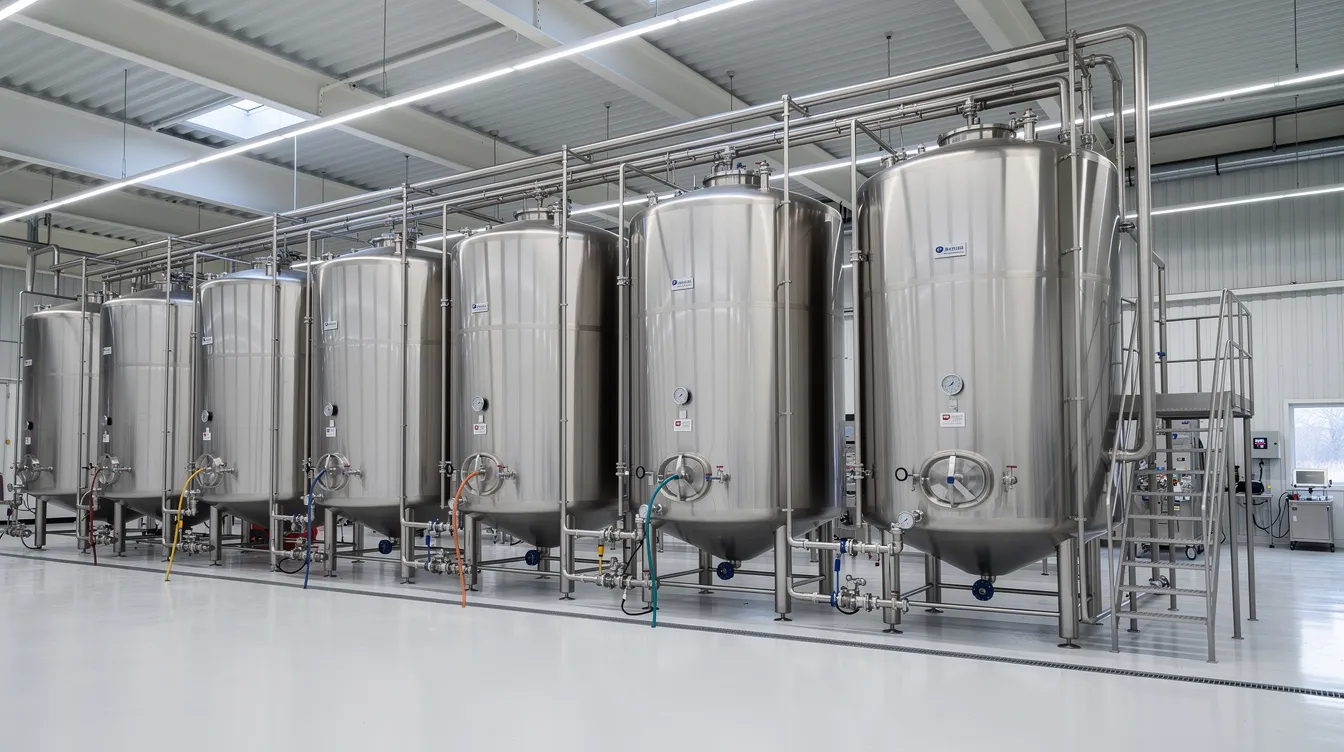 7788005f 229d 44ab b32f 7c6899975d2f The image depicts large stainless steel industrial dairy processing tanks located in a factory hall, essential for the production of high quality condensed milk and other milk products. These tanks are part of the sweetened condensed milk manufacturing process, highlighting the scale and sophistication of modern dairy processing facilities.