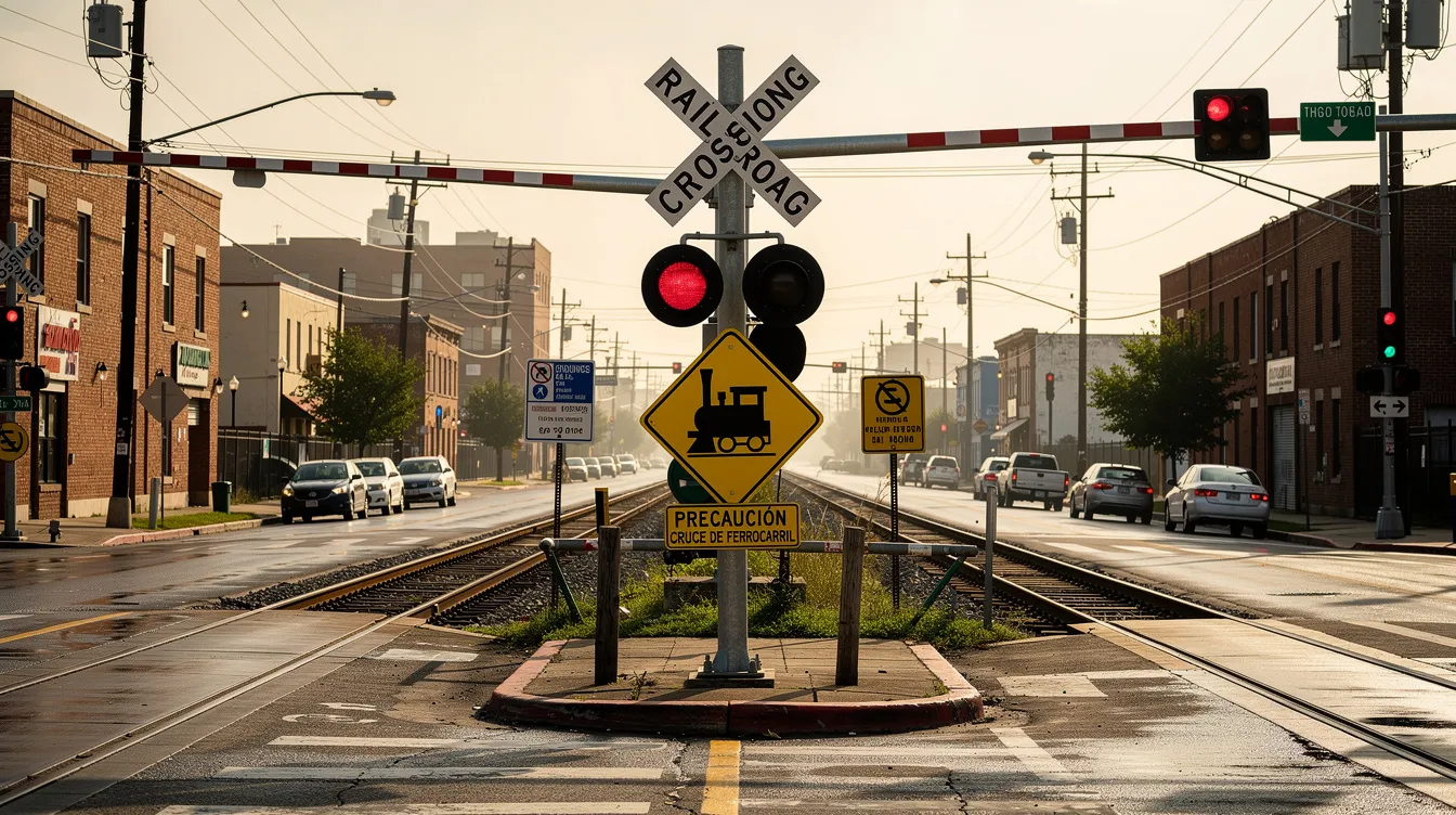 The image depicts a railway crossing in an urban area of Houston, marked with warning signs to alert drivers and pedestrians of potential dangers. This scene highlights the importance of safety at crossings, especially considering the risks associated with train accidents in the area.