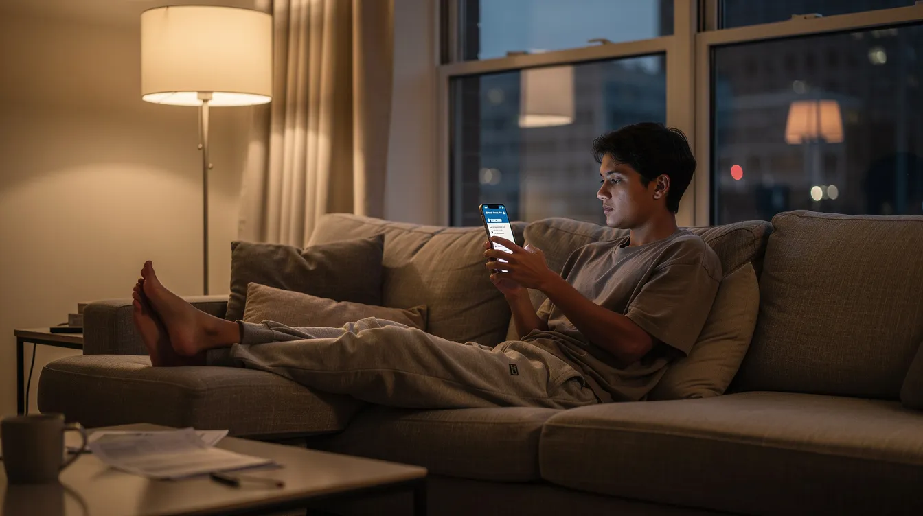 A person is comfortably seated at home, casually checking their phone for updates on auto transport services. The scene conveys a sense of relaxation while staying informed about car shipping options and delivery timelines.
