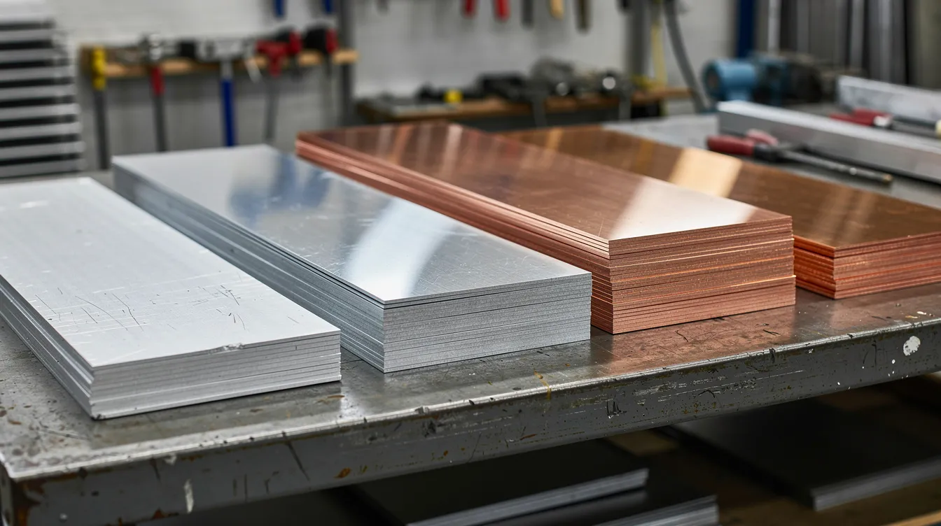 An assortment of raw sheet metal materials, including aluminum, stainless steel, and copper sheets, is neatly stacked on a workshop table, showcasing various thicknesses and surface finishes that are essential for sheet metal fabrication projects. The collection reflects the versatility and quality of materials used in metal fabrication processes, suitable for creating precision parts and components.