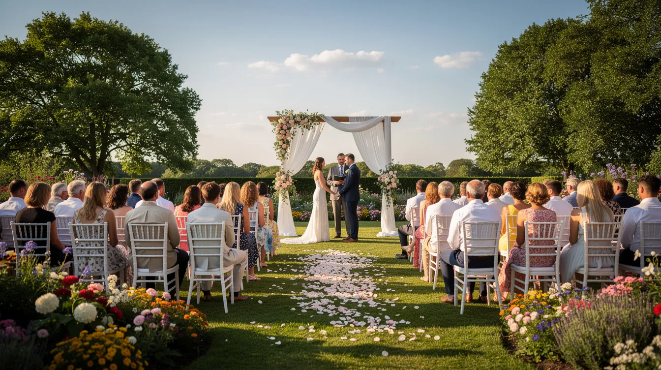 An outdoor summer wedding ceremony takes place on a sunny lawn, where guests are seated among vibrant flowers. Attendees are dressed in elegant summer wedding attire, showcasing soft pastels and lightweight fabrics, perfect for the warm weather.