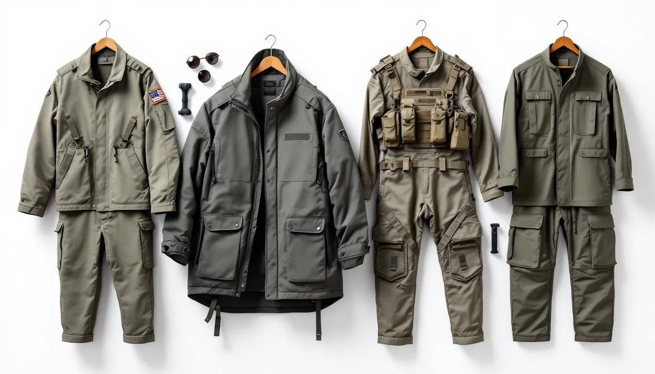 Various air force apparel displayed on hangers.
