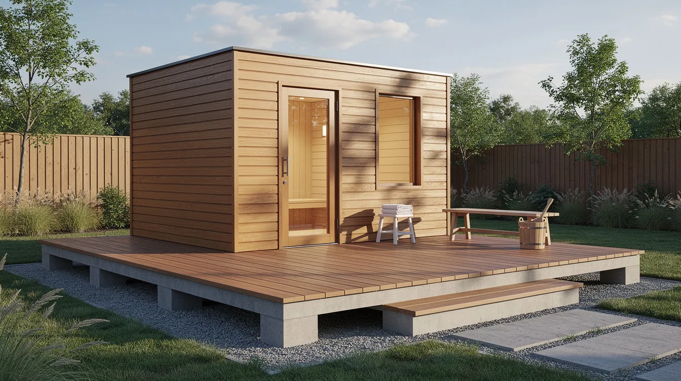 The image depicts an outdoor backyard sauna structure featuring a solid foundation and a surrounding deck, showcasing a wood floor and sauna benches that create a welcoming space for a sauna session. The design highlights the importance of insulation and ventilation, ensuring a great sauna experience while maintaining a hygienic environment.