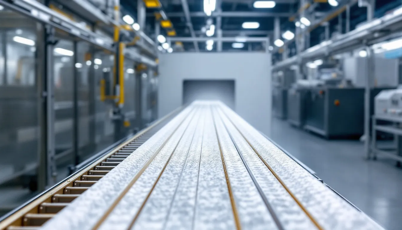 Een productieomgeving voor poedercoating van aluminium profielen, waar verschillende RAL-kleuren zoals leigrijs en staalblauw worden toegepast op aluminium kozijnen. De moderne uitstraling van de afgewerkte profielen benadrukt de duurzaamheid en stijlvol design van de producten.