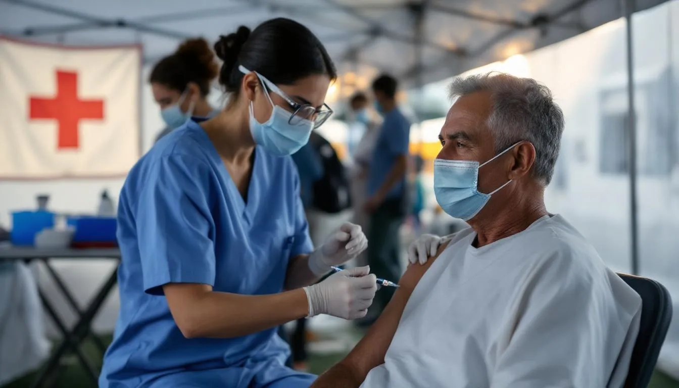 Une image représentant la vaccination contre le COVID-19, avec des professionnels de la santé administrant des vaccins.