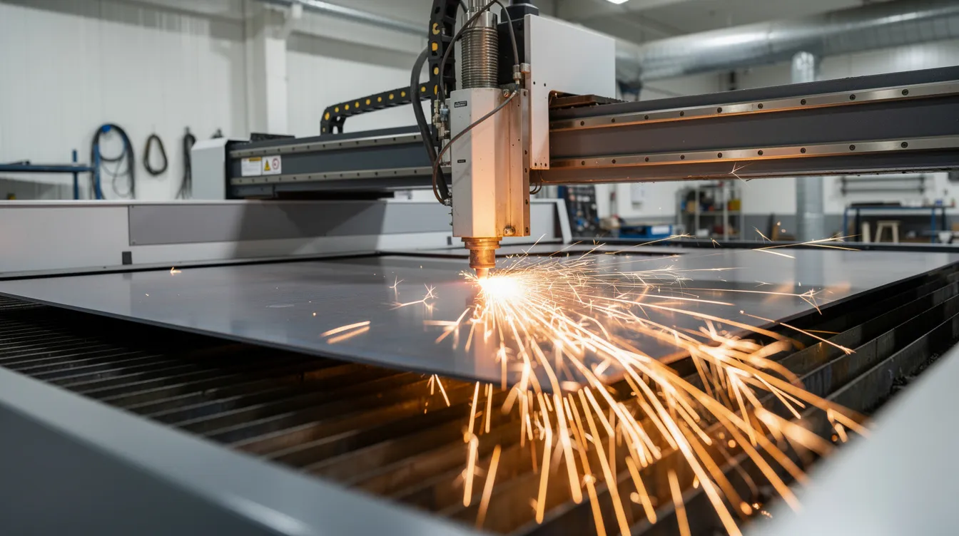 The image shows a fiber laser cutting machine in a modern workshop, actively processing a steel sheet while sparks fly around it. This scene highlights the precision sheet metal fabrication process and the advanced technology used in custom metal fabrication.