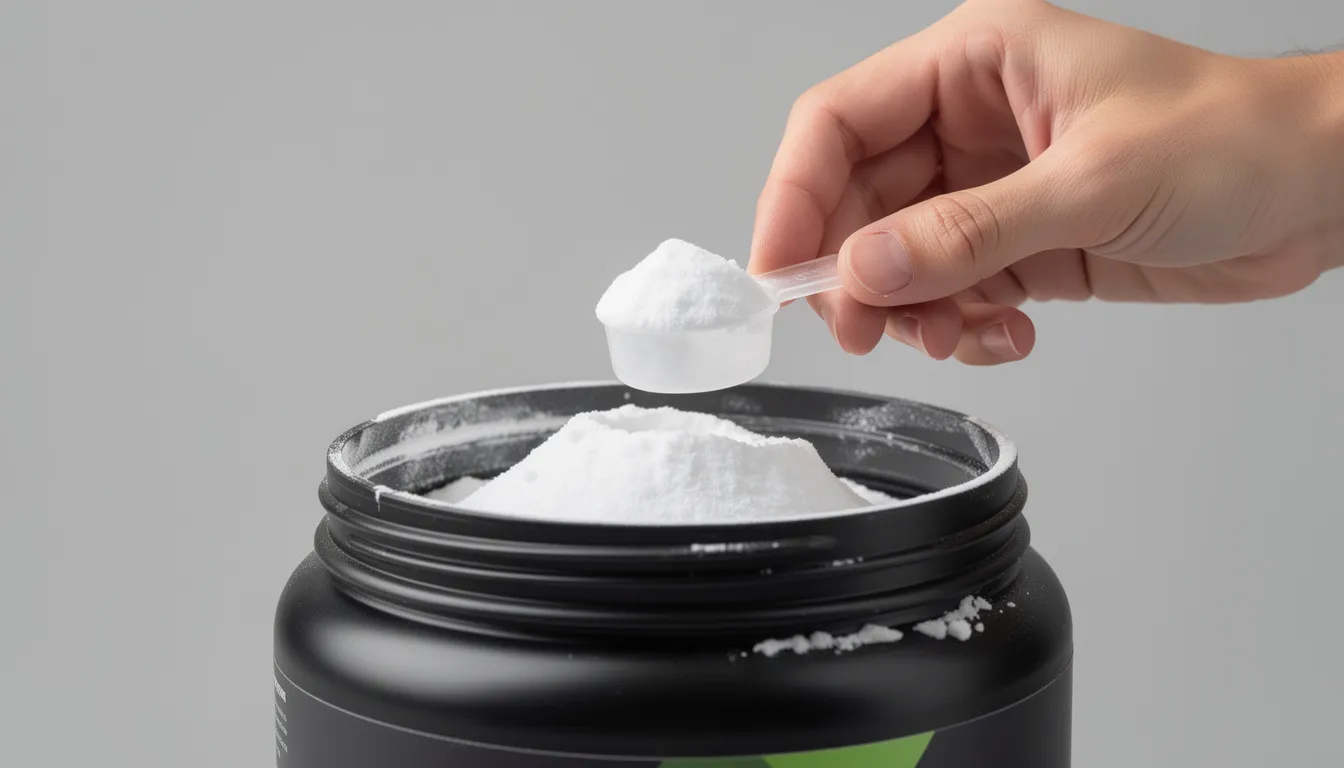A close-up image shows a hand using a scoop to measure white creatine powder from a container, highlighting the importance of creatine supplementation for muscle growth and recovery, even on rest days. This popular supplement is often used to enhance exercise performance and increase muscle mass.