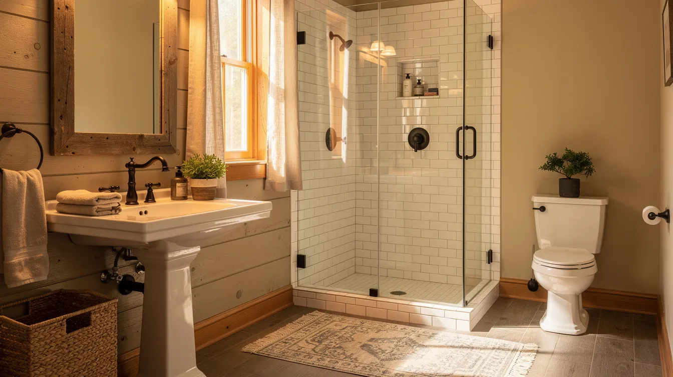 The image depicts a warm and inviting farmhouse-style bathroom featuring a sink, shower, and toilet, showcasing the essential components of a home's plumbing system. The rustic decor and natural light create a cozy atmosphere, perfect for a relaxing retreat.