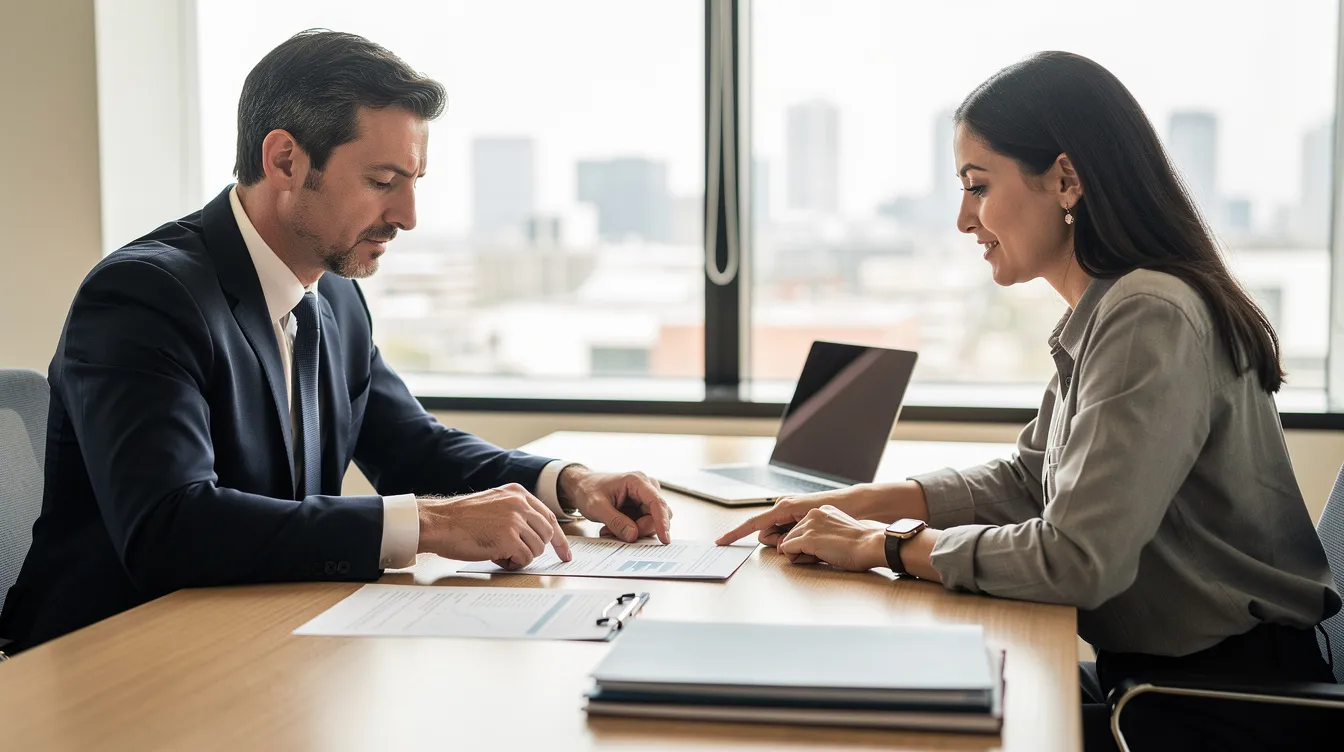 7795d83f 9b17 4213 a532 c6114ba1c759 A banker is seated at a desk, reviewing documents with a small business owner, who appears engaged in the discussion. The scene suggests a focus on loan approval, possibly for a mudra loan, as they assess the business's eligibility criteria and credit history.