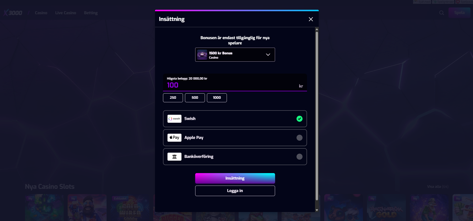 Registering hos X3000 Casino