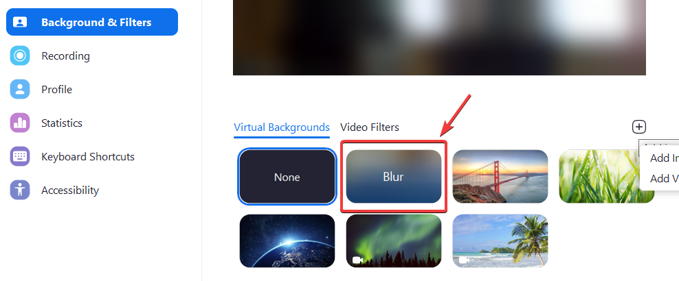 Blur feature under virtual backgrounds to blur Zoom background