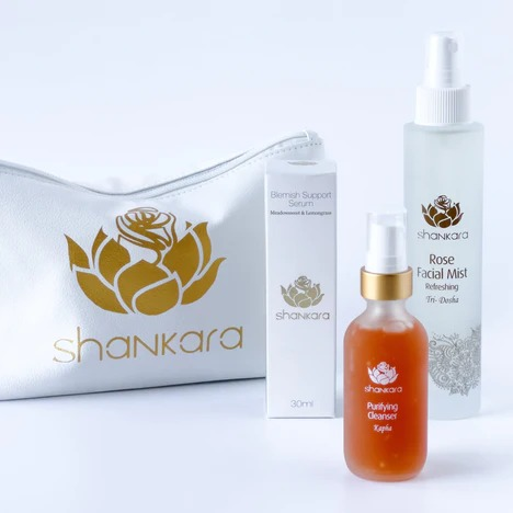 shankara travel kit for blemish skin: with bottles of rose mist and purifying cleanser.