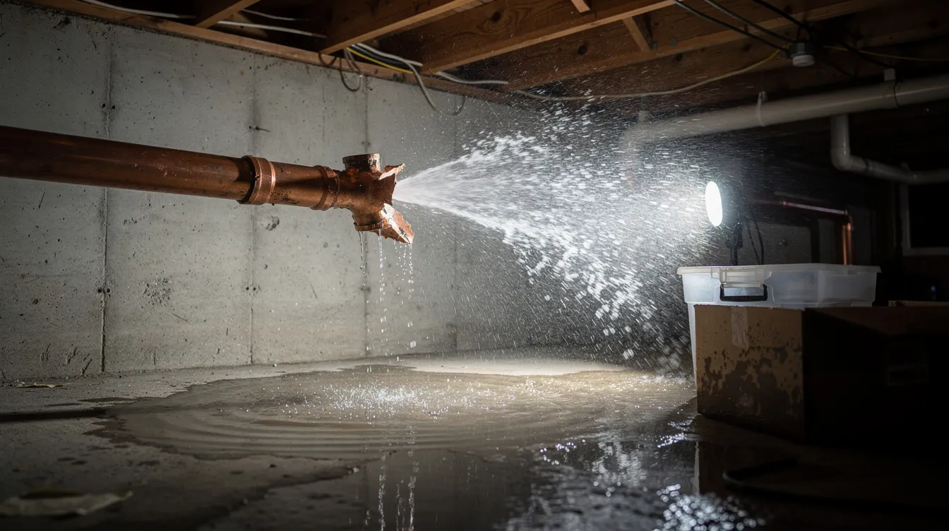 The image shows a burst copper pipe in a residential basement, with water spraying out and creating a significant mess. This plumbing emergency highlights the urgent need for professional emergency plumbing services to prevent further flooding and damage.