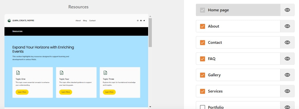 Selecting pages for website