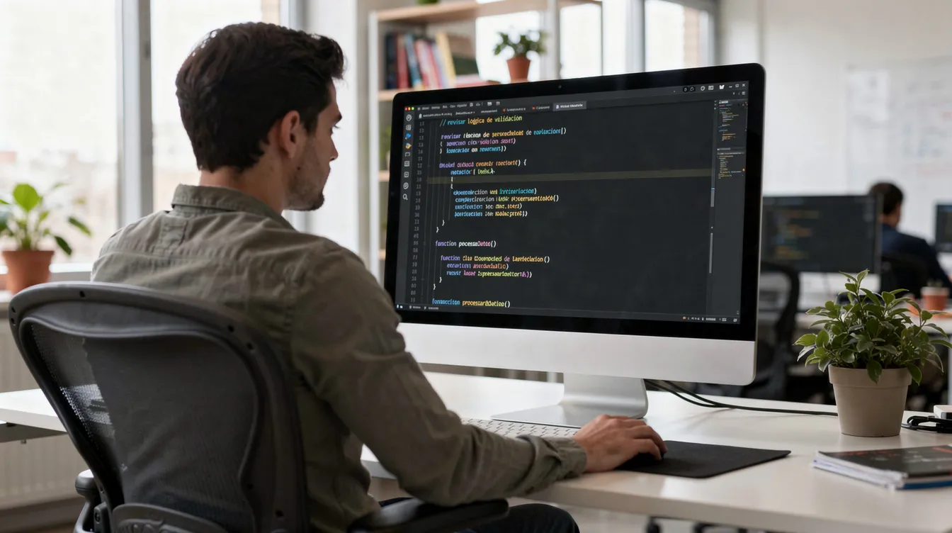 Una persona está revisando código en una pantalla de ordenador en un entorno de oficina, posiblemente buscando solucionar un problema relacionado con la estructura de enlaces permanentes de un sitio web en WordPress. En la pantalla se pueden ver líneas de código que podrían incluir ajustes de URLs y configuraciones de plugins para mejorar la seguridad y el SEO del contenido.
