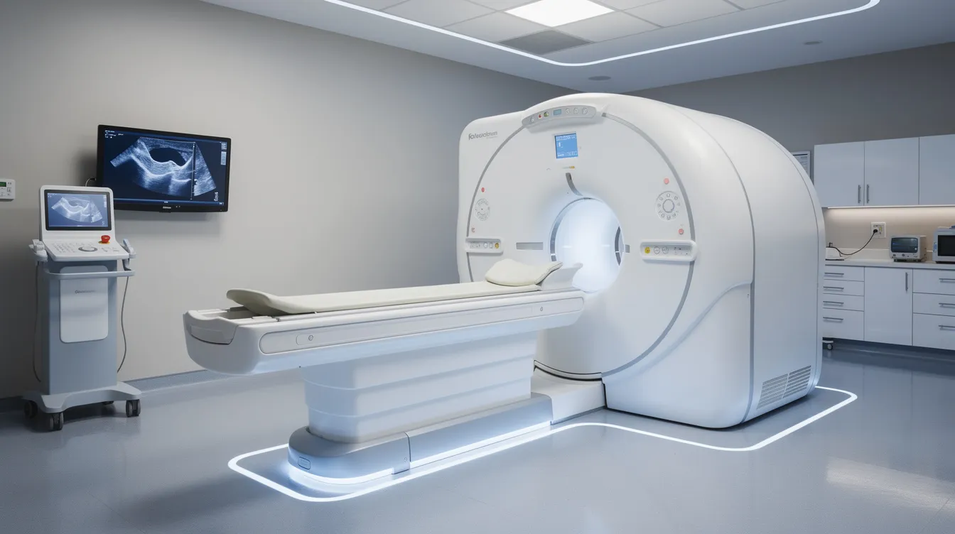 The image shows a modern MRI machine situated in a well-lit hospital diagnostic room, showcasing advanced medical equipment designed for healthcare facilities. The ambient lighting creates a soothing environment, emphasizing the importance of comfortable and efficient diagnostic services in a multi-specialty hospital project.