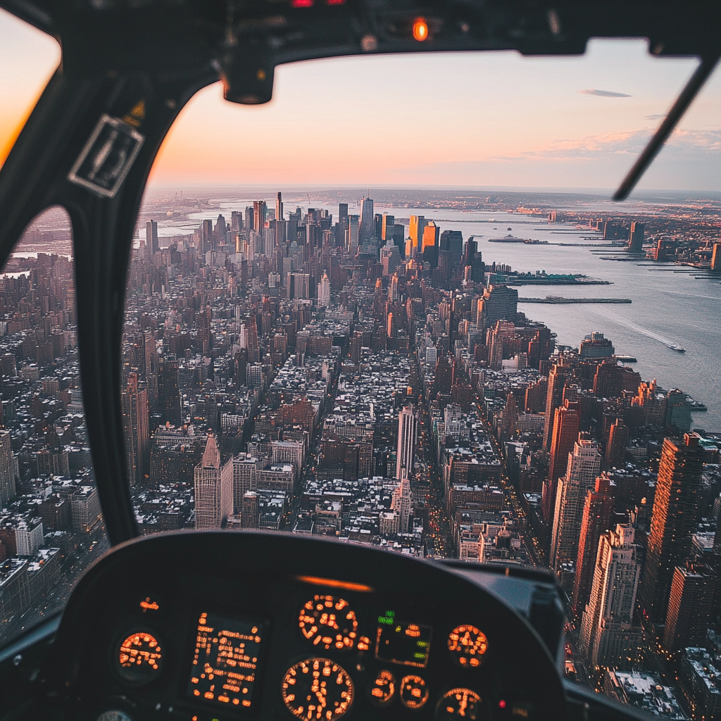 A breathtaking view of NYC from a helicopter tour, showcasing the city skyline.