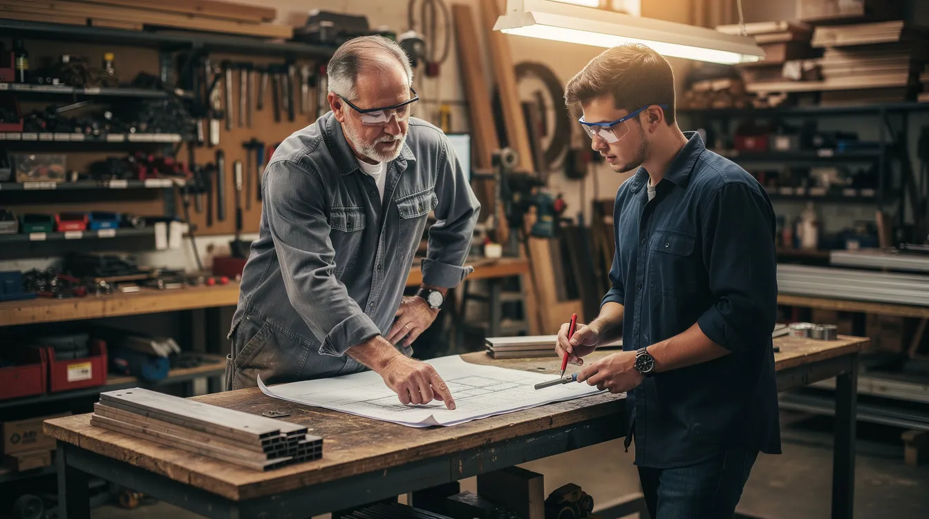 A professional mentor and an apprentice reviewing work in a workshop setting.