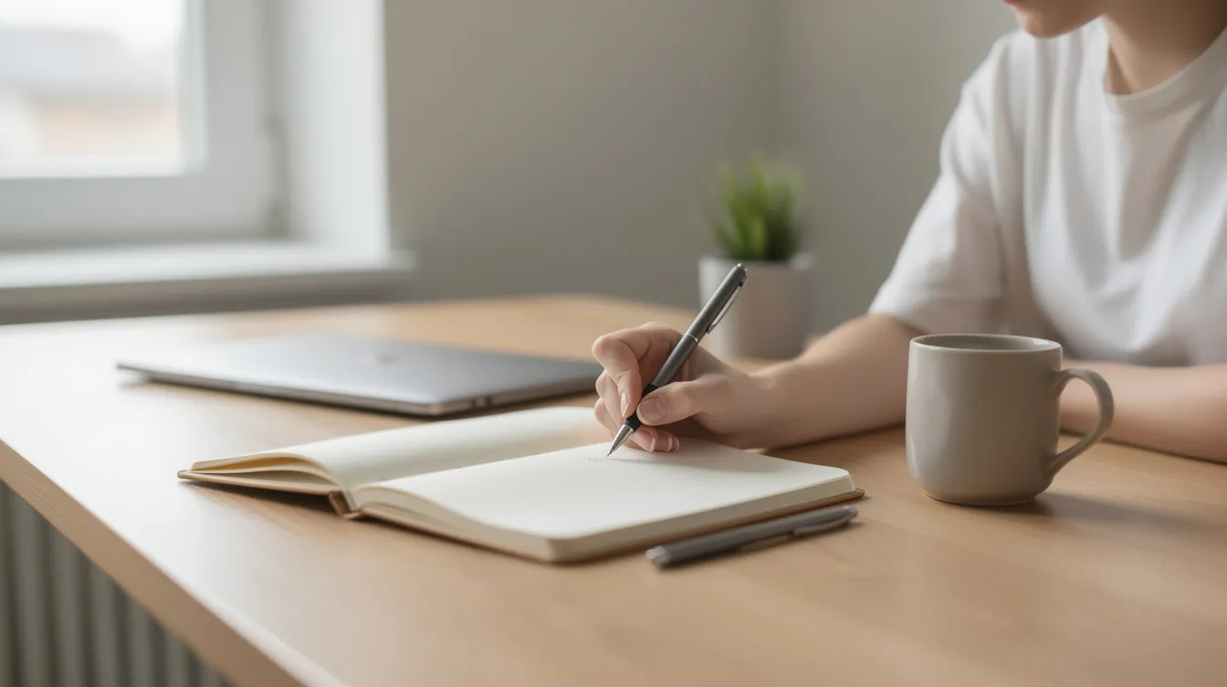 Une personne est assise à une table de travail épurée, écrivant dans un carnet, symbolisant la gestion des émotions au travail et le bien-être. L'environnement calme suggère un espace propice à la réflexion et à la prise de décisions, essentiel pour éviter le stress et le burn-out.