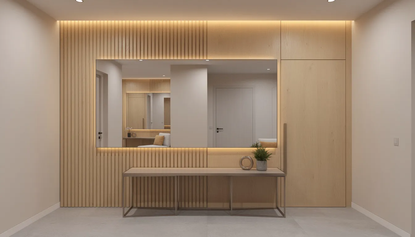 Een moderne hal met een houten wandpaneel en een grote rechthoekige spiegel, die samen een stijlvolle uitstraling creëren. De warme verlichting en neutrale kleurtonen dragen bij aan een uitnodigende sfeer in deze ruimte.
