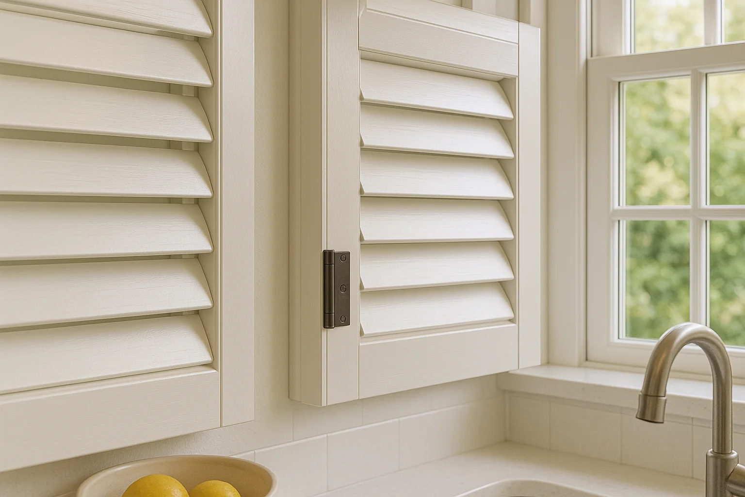 "High-quality wooden plantation shutters fitted in a kitchen"