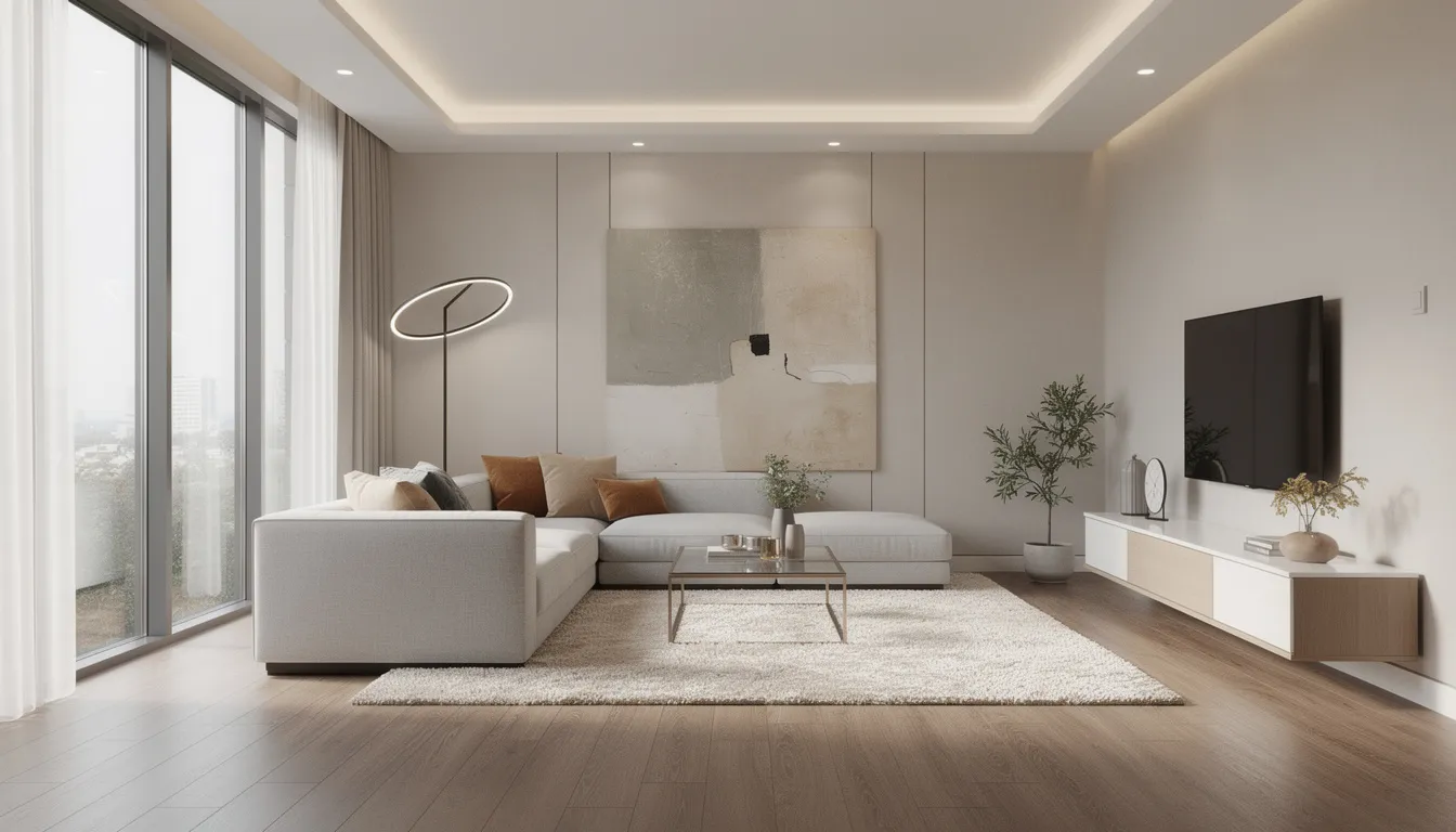 Een moderne woonkamer met stijlvolle meubels en designverlichting, waarin een betonnen vloer en metalen profielen de ruimte een eigentijdse uitstraling geven. De strakke afwerking en de loodrechte lijnen van de metalen constructie zorgen voor een harmonieuze sfeer.