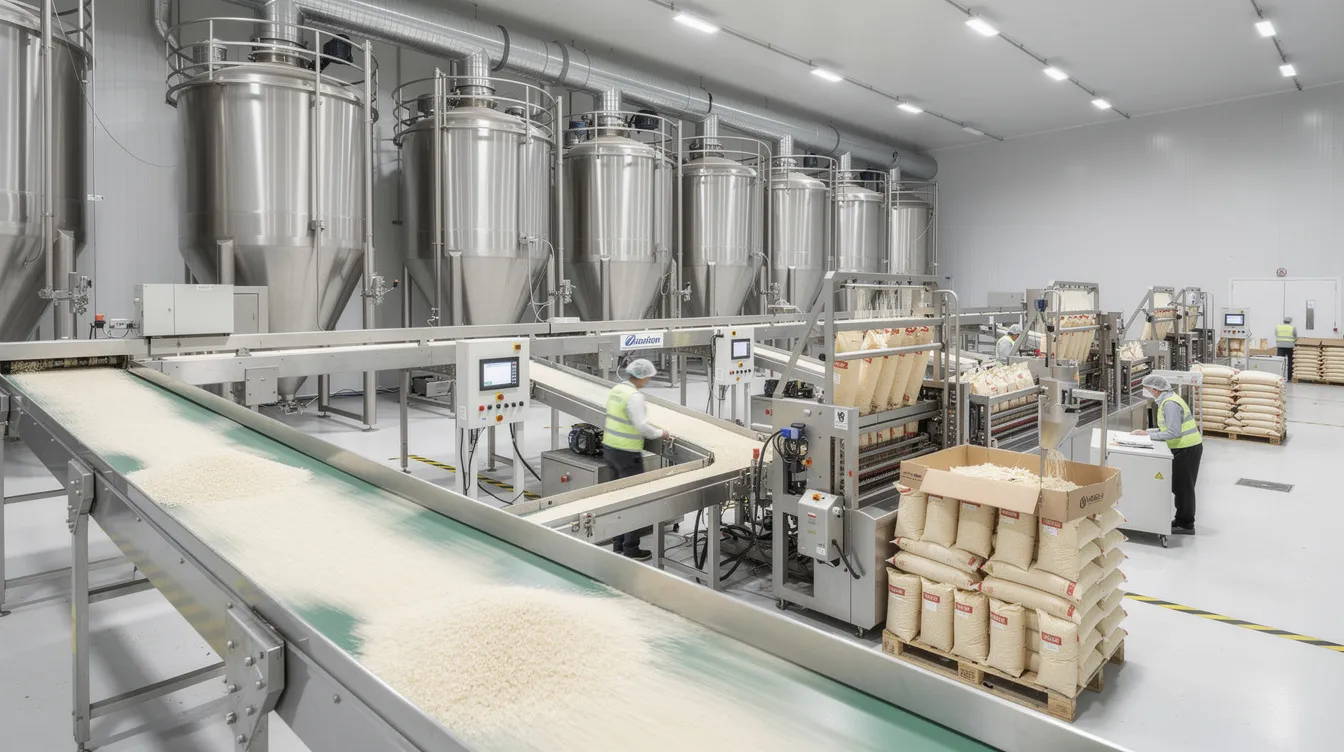 77a14a82 08a1 471d a44e ed903ae01a66 The image depicts a modern rice processing facility showcasing conveyor belts, silos, and active packaging lines, emphasizing the efficient production process integral to the rice industry. This facility plays a crucial role in enhancing food security and supporting sustainable farming practices, contributing to the global rice production and the livelihoods of smallholder farmers.