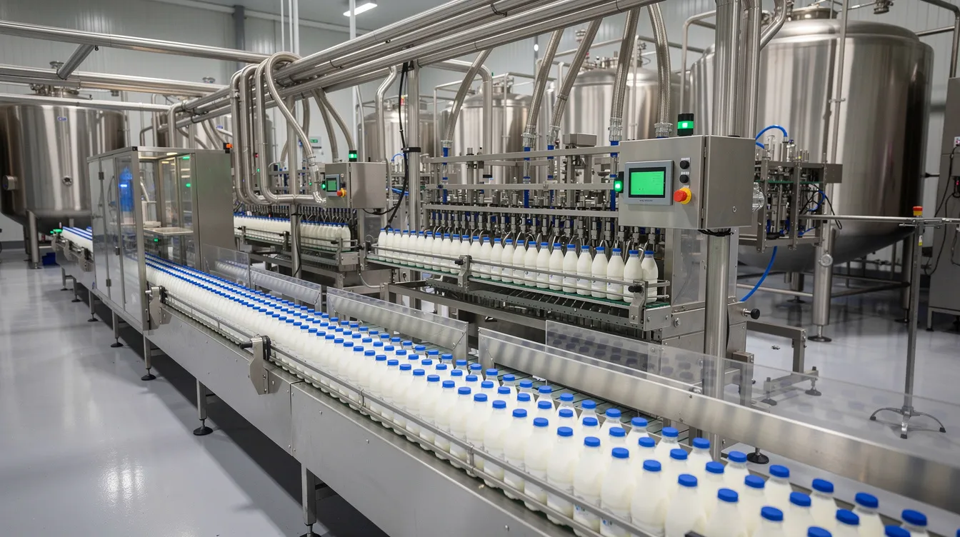 77a1ed03 efde 4516 b2fc ad1aa2807391 The image depicts a modern automated dairy packaging line featuring conveyor belts and filling machines, illustrating the streamlined process of milk and dairy products packaging. This setup enhances the efficiency of dairy processing units, catering to the rising consumer demand for high-quality dairy products.