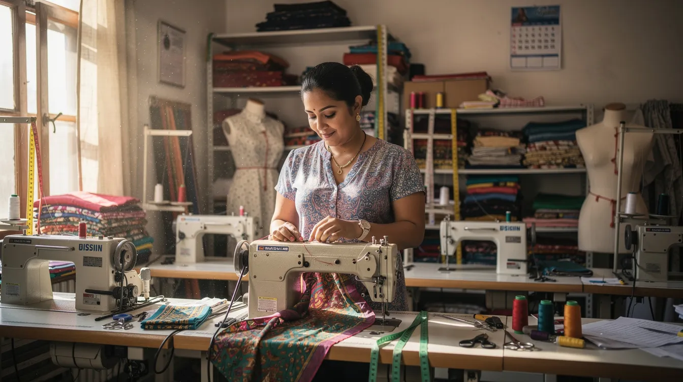 77a3d573 1269 4bb1 8f3b c2a0b0cd658a A woman entrepreneur is focused on her work at a small tailoring unit, surrounded by sewing machines and fabric. This scene highlights the essence of small and micro businesses in India, showcasing her dedication to her craft and the potential for financial assistance through schemes like Mudra loans.