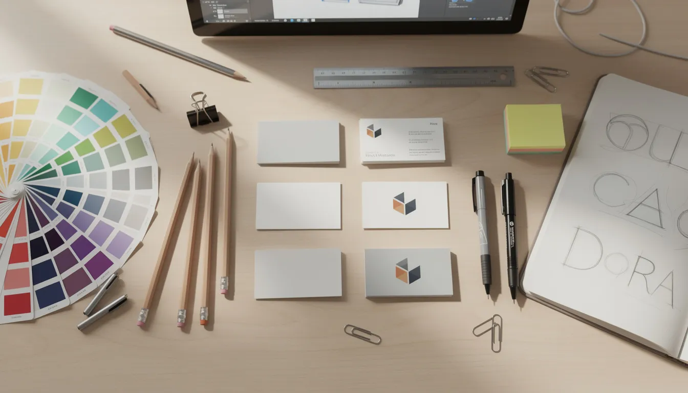 A designer's workspace is filled with vibrant color swatches, business card mockups showcasing creative designs, and various design materials, reflecting the brand's personality and professionalism. The arrangement includes a card stand displaying eye-catching business cards that leave a lasting impression on potential clients.