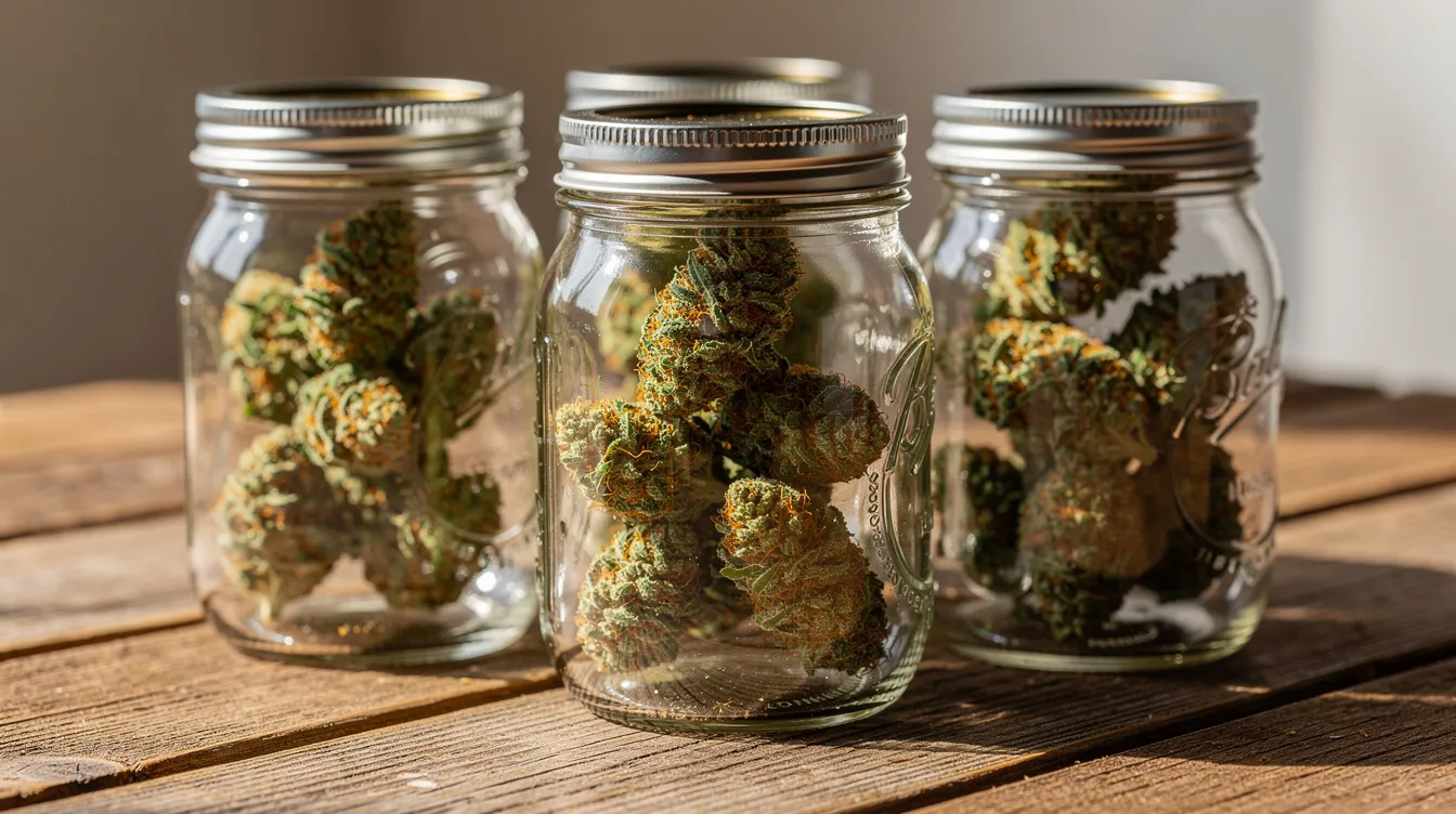 Auf einem Holztisch stehen mehrere Einmachgläser, gefüllt mit getrockneten Cannabisblüten, die in der Blütephase geerntet wurden. Die Gläser sind klar, sodass die Struktur und die trichomreichen Buds gut sichtbar sind.