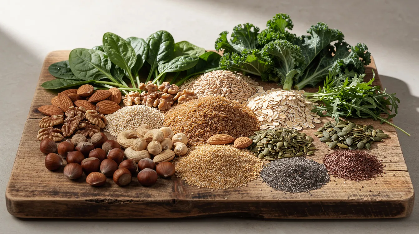 The image features a variety of fresh whole grains, nuts, seeds, and leafy greens beautifully arranged on a wooden cutting board, representing a healthy diet that supports sexual health and wellness. This vibrant display emphasizes the importance of nutrition in improving sexual function and overall well-being.