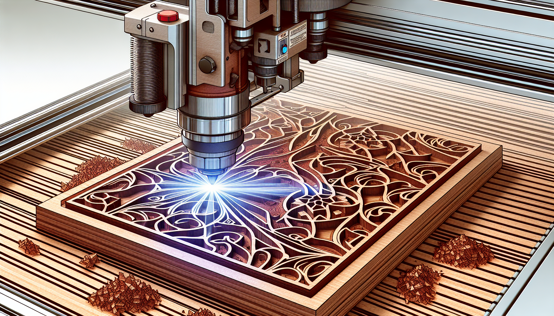 Laser cutting technology creating intricate wooden design with high precision