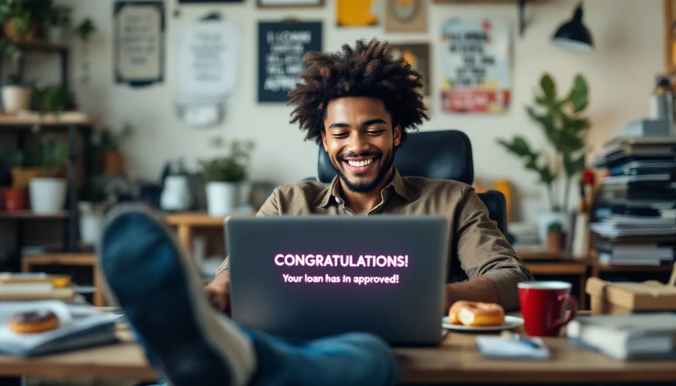 A young eCommerce entrepreneur sits at a desk in a home office, smiling and celebrating after receiving approval for an online business loan, symbolizing the potential for business growth and financial support for small businesses. The scene captures the excitement of securing funding, which can help with cash flow and various business needs.