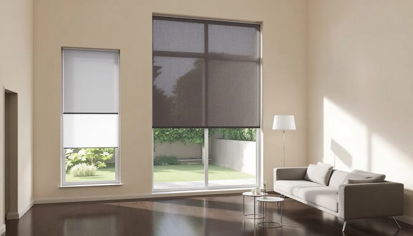 An image depicting the challenge of high windows with various window shades installed.