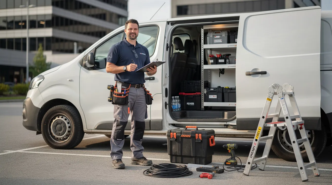 A professional technician stands next to a service vehicle, equipped with installation tools for DSTV installation services. The scene highlights the skilled DSTV installers ready to provide efficient service for new DSTV installations and decoder setups.