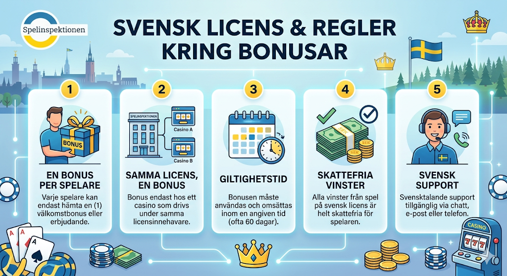 Svensk licens och regler för casino bonus – en bonus per spelare, giltighetstid och skattefria vinster på svenska casinon