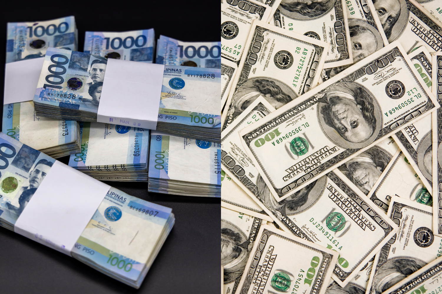 Split-section of Philippine pesos on the left, and U.S. dollars on the right.