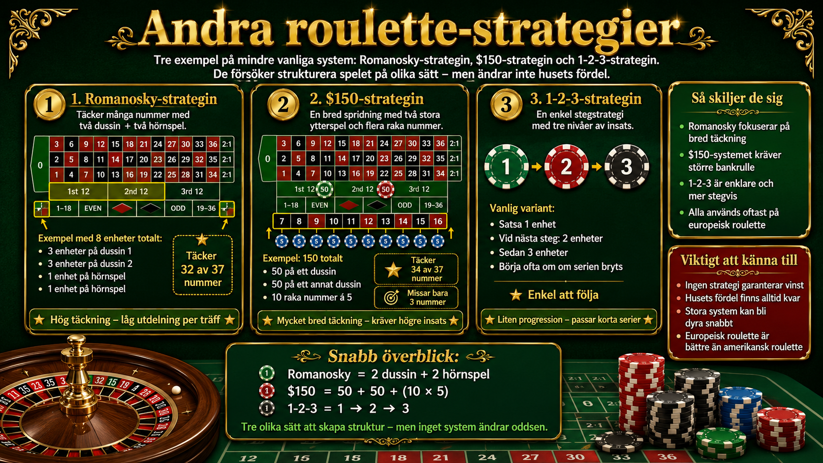 Infografik över andra roulette strategier online som Romanosky, $150-strategin och 1-2-3 strategin.