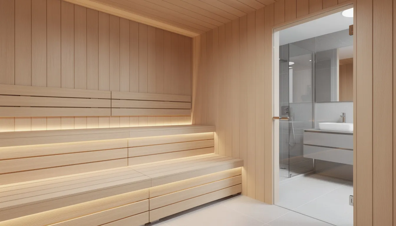 The image features a light wood sauna interior designed for relaxation, showcasing LED strip lighting under the benches and a sleek glass door that opens into a modern bathroom. This compact sauna room exemplifies a stylish layout that seamlessly incorporates comfort and home design elements.