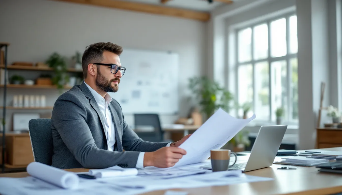 An architect is reviewing building plans in a well-lit office, surrounded by architectural materials and tools, illustrating the importance of time management and focus in their job. This scene emphasizes the balance between work responsibilities and personal wellbeing, showcasing a space designed for productivity and creativity.